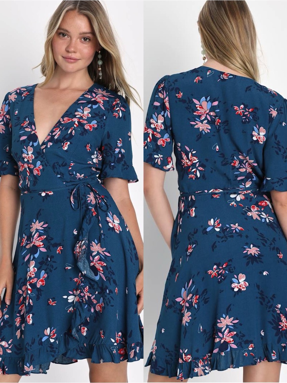 Lulus | Dalton Teal Blue Floral Print Ruffled Wrap Dress
